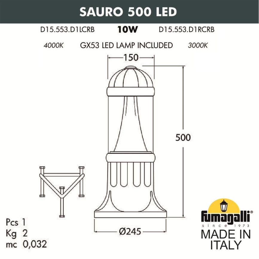 Садовый светильник-столбик Fumagalli SAURO 500 D15.553.000.BXD1L.CRB фото 2