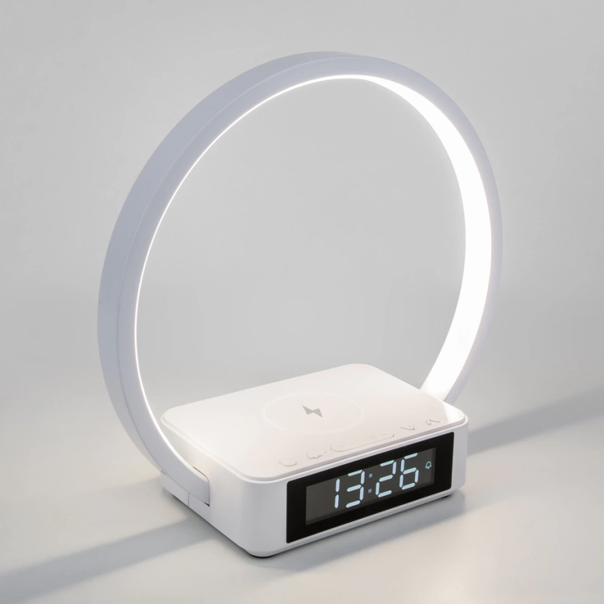 Светодиодная настольная лампа с беспроводной зарядкой и будильником Eurosvet Timelight 80505/1 белый a054131 фото 1