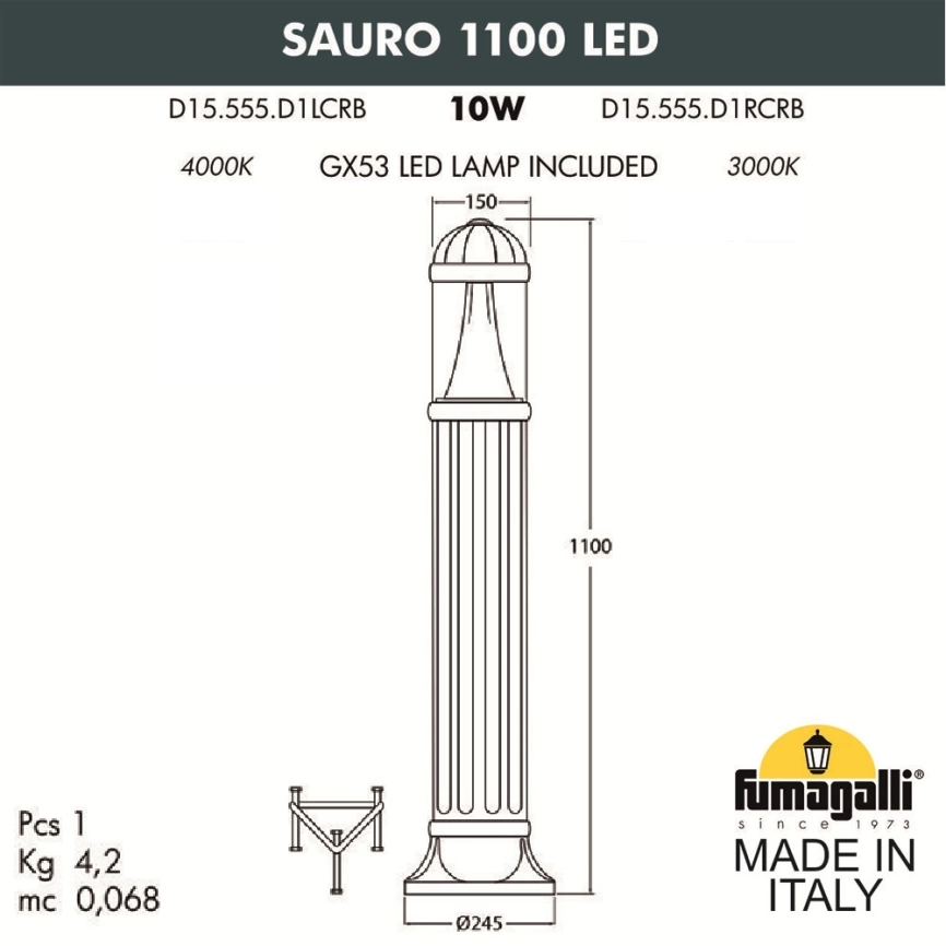 Садовый светильник-столб FUMAGALLI SAURO 1100  D15.555.000.BXD1L.CRB фото 2