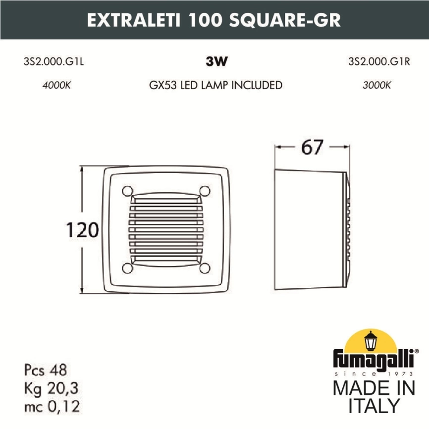 Светильник для подсветки лестниц накладной Fumagalli EXTRALeti 100 Square-GR 3S2.000.000.WYG1L фото 2