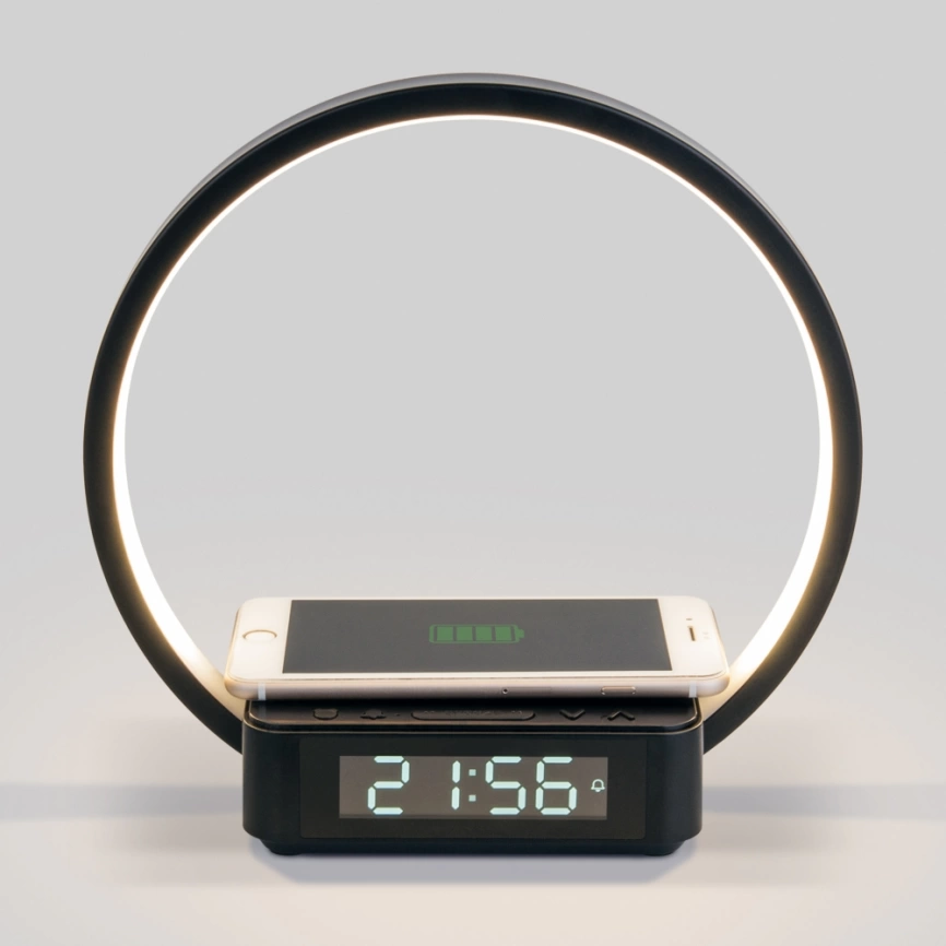 Светодиодная настольная лампа с беспроводной зарядкой и будильником Eurosvet Timelight 80505/1 черный a054132 фото 4