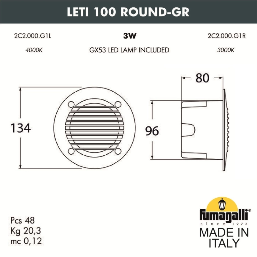 Светильник для подсветки лестниц встраиваемый Fumagalli LETI 100 Round-GR 2C2.000.000.WYG1L фото 2